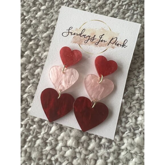 HEART Pink Red Love Valentine Tiered Drop Earrings NEW - Picture 2 of 3